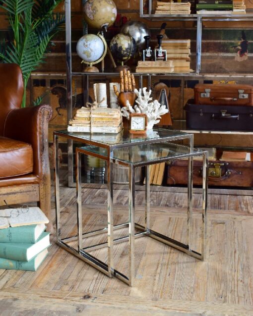 Tables basses artisanales en aluminium et verre, lot de 2