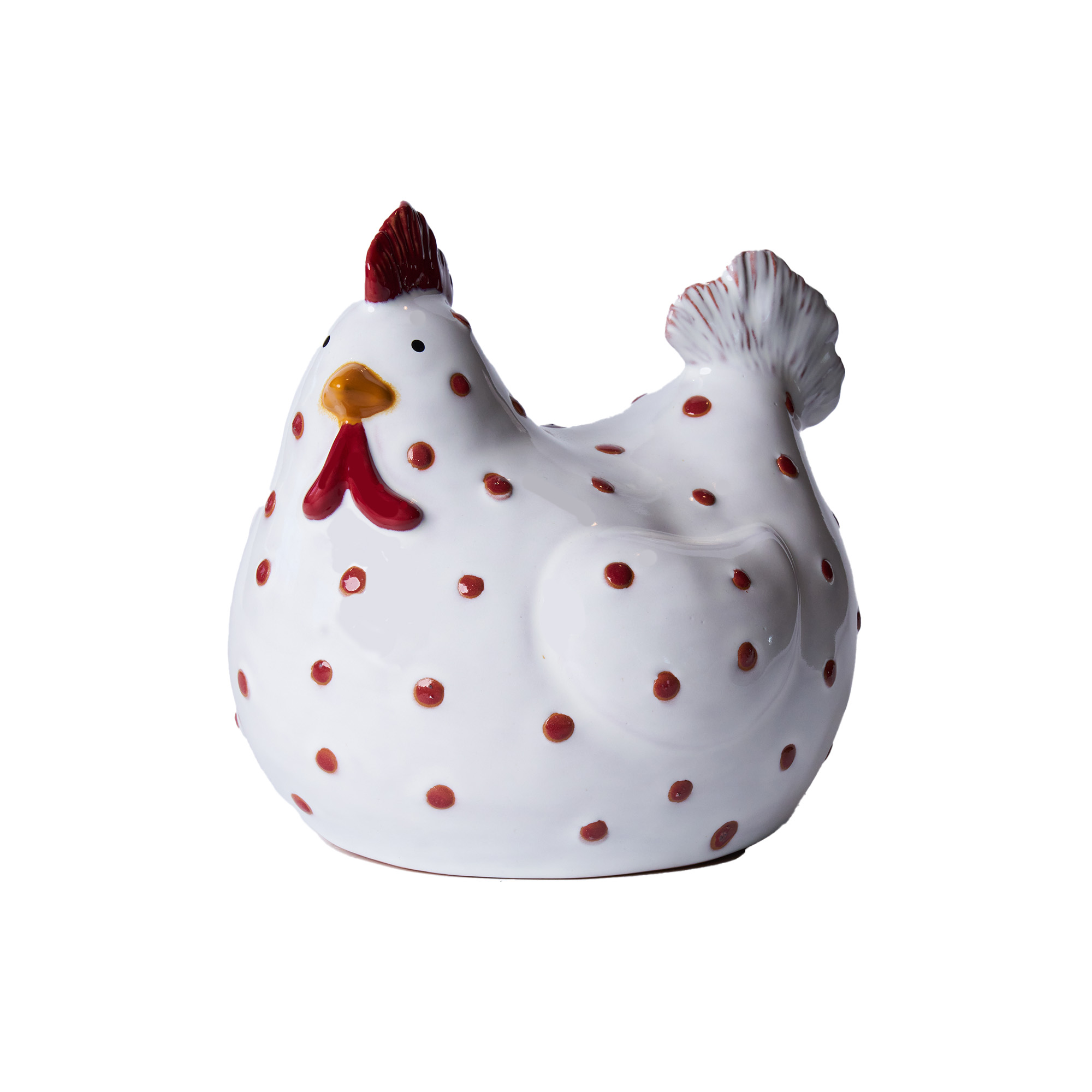 Poule rouge à points